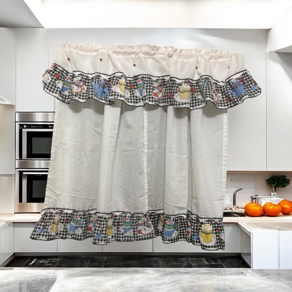 Vintage Country Kitchen 2 Curtain Panels & Valance Black White Check Tea Cup Pot